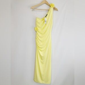 Fore One Shoulder Knit Bodycon Rosette Stretch Dress Yellow Size M